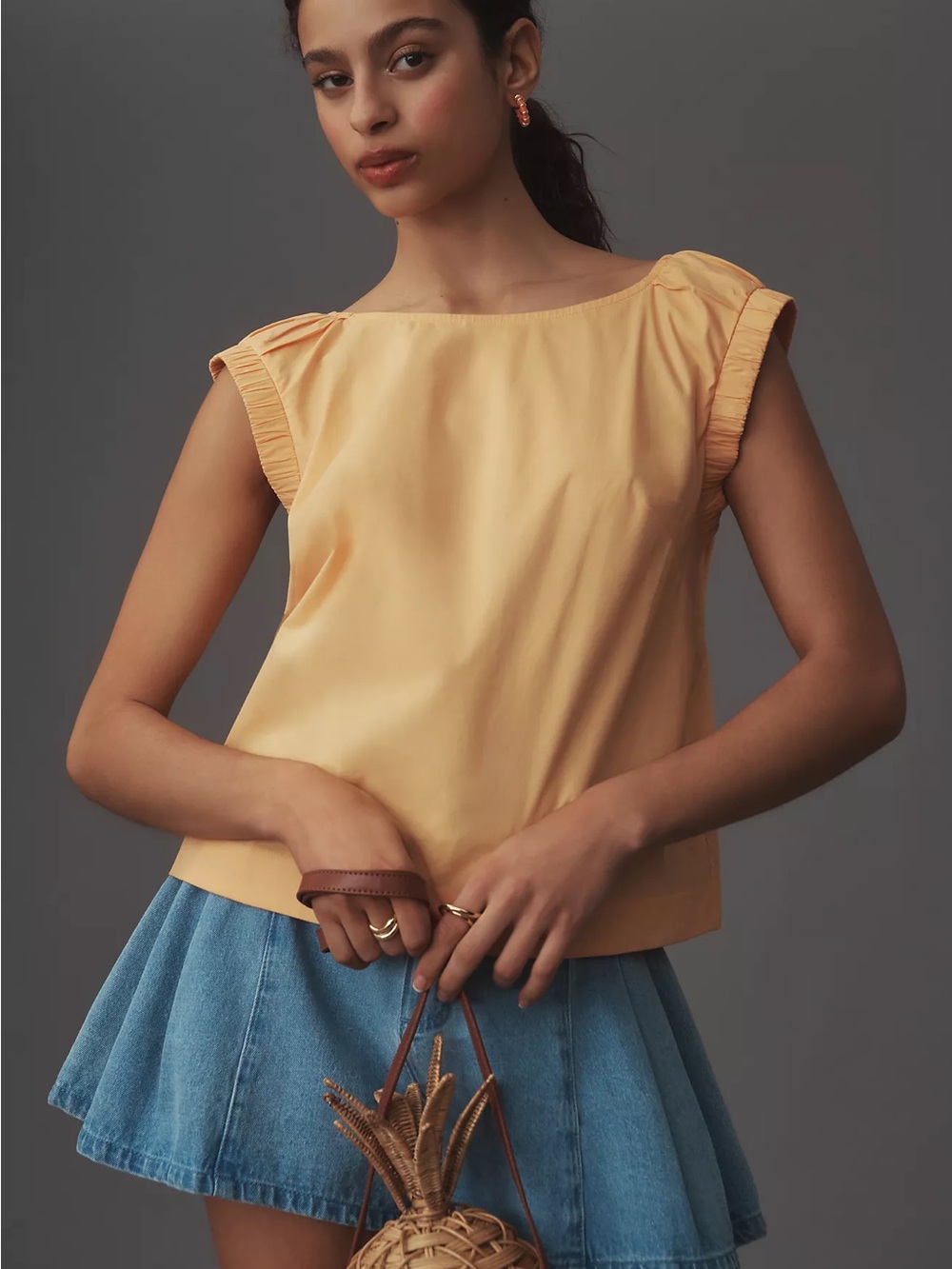 Anthropologie Pale Yellow Ruffle Cap-Sleeve Blouse